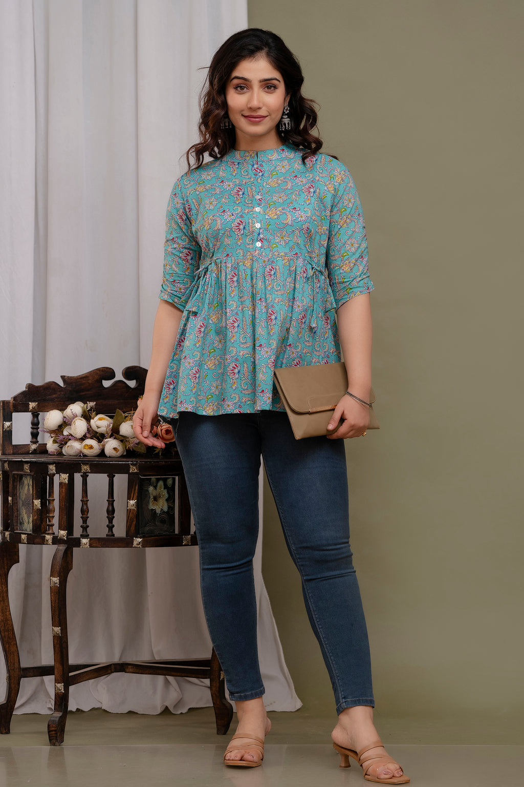 Majestic Divas Floral Printed Cotton Peplum Kurti Top for Women