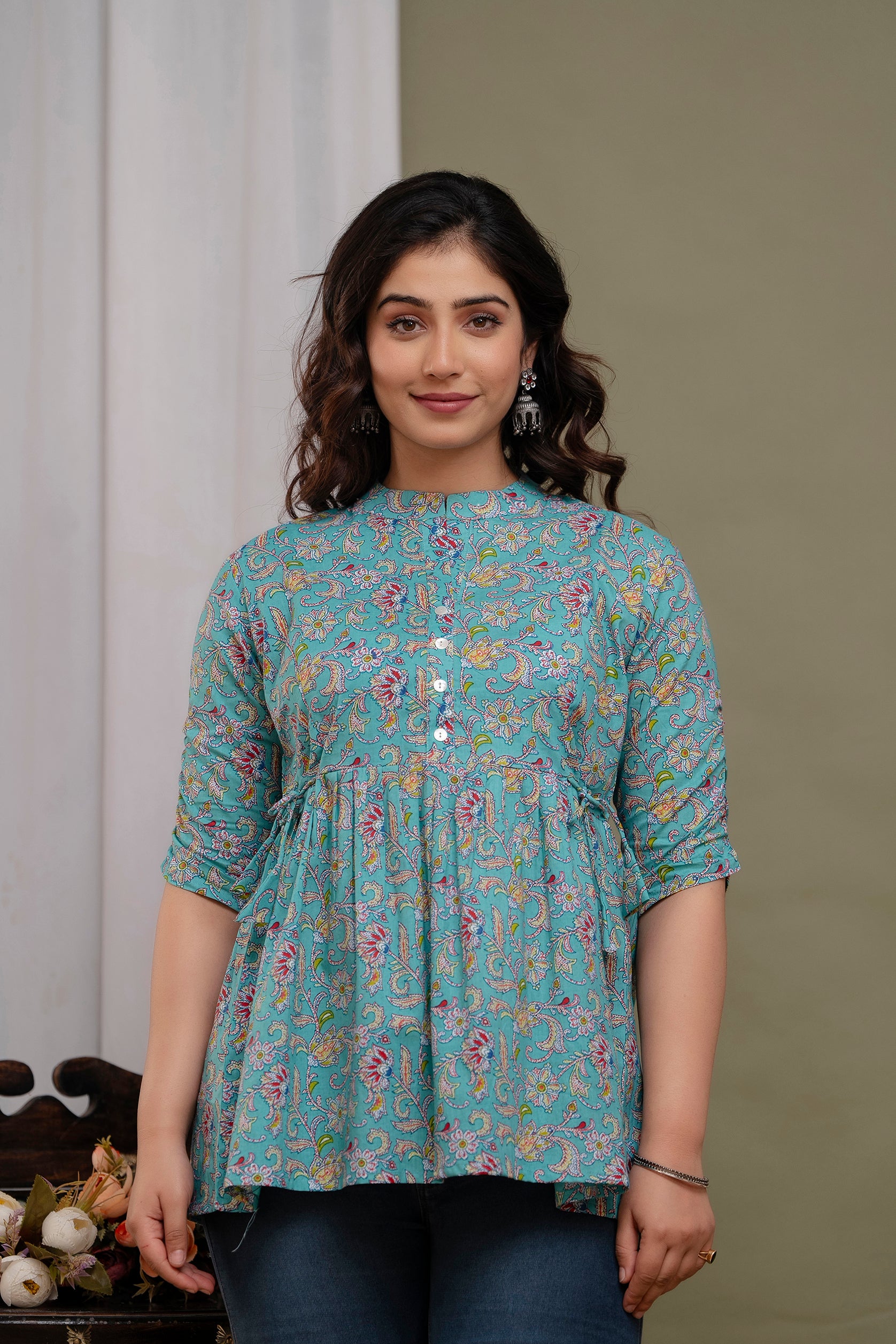 Majestic Divas Floral Printed Cotton Peplum Kurti Top for Women