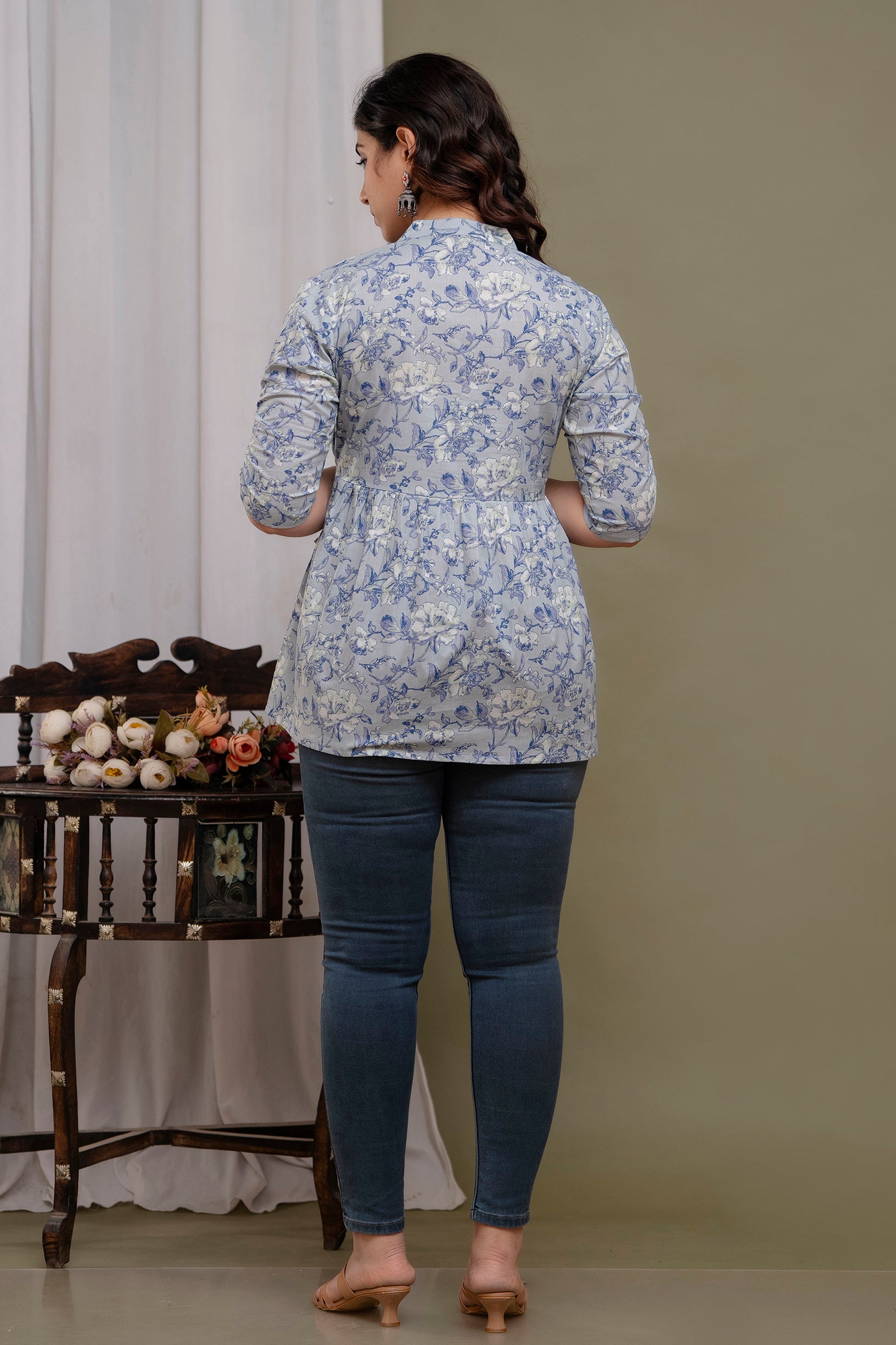 Majestic Diva Teal Blue Floral Printed Cotton Peplum Kurti Top for Women