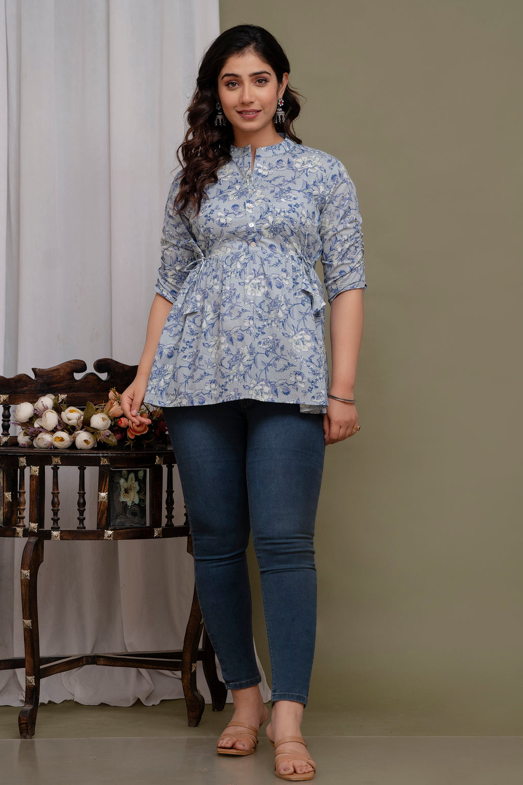 Majestic Diva Teal Blue Floral Printed Cotton Peplum Kurti Top for Women