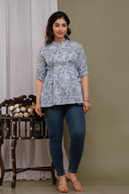 Majestic Diva Teal Blue Floral Printed Cotton Peplum Kurti Top for Women