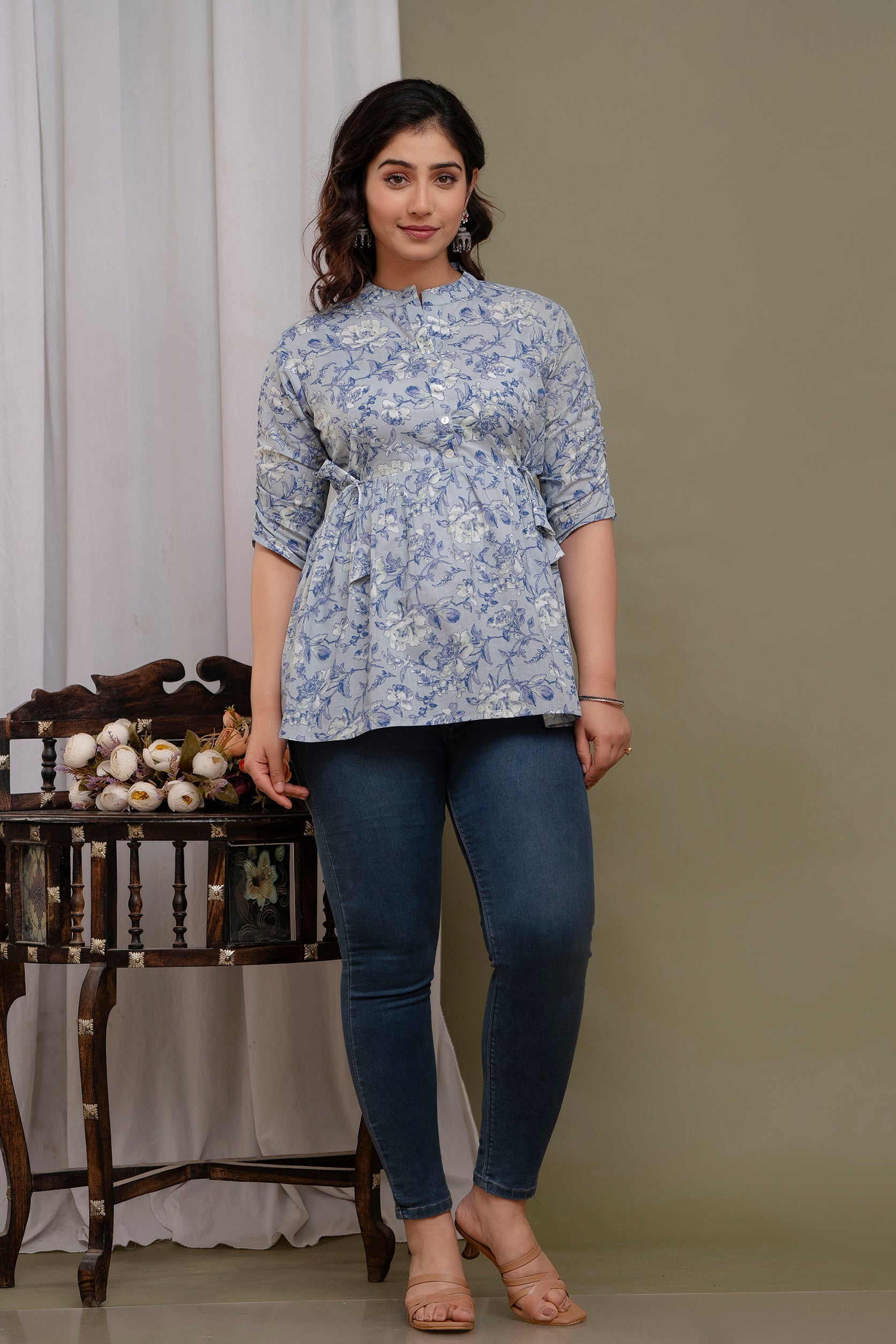 Majestic Diva Teal Blue Floral Printed Cotton Peplum Kurti Top for Women