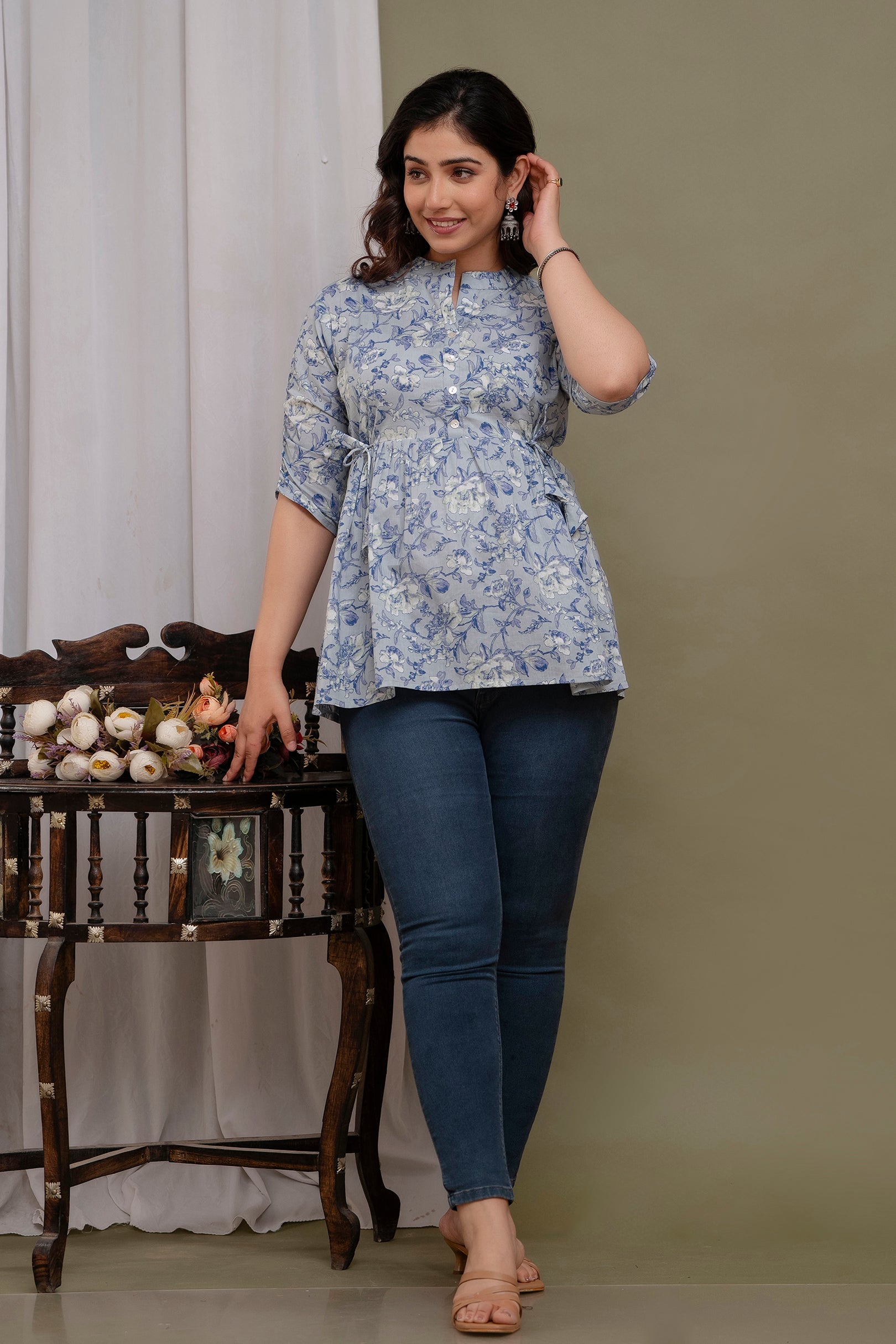 Majestic Diva Teal Blue Floral Printed Cotton Peplum Kurti Top for Women Secondary image