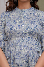 Majestic Diva Teal Blue Floral Printed Cotton Peplum Kurti Top for Women