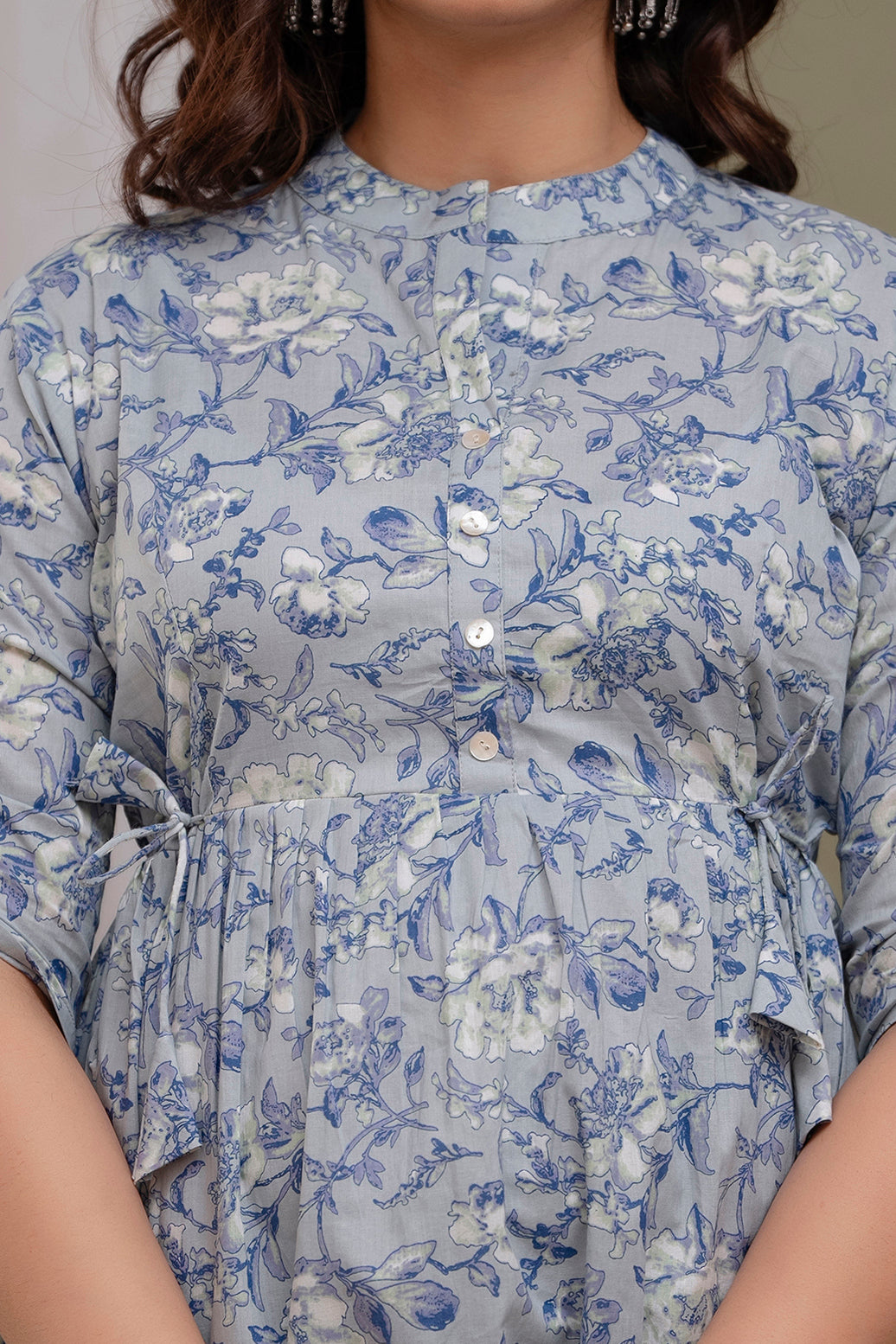 Majestic Diva Teal Blue Floral Printed Cotton Peplum Kurti Top for Women