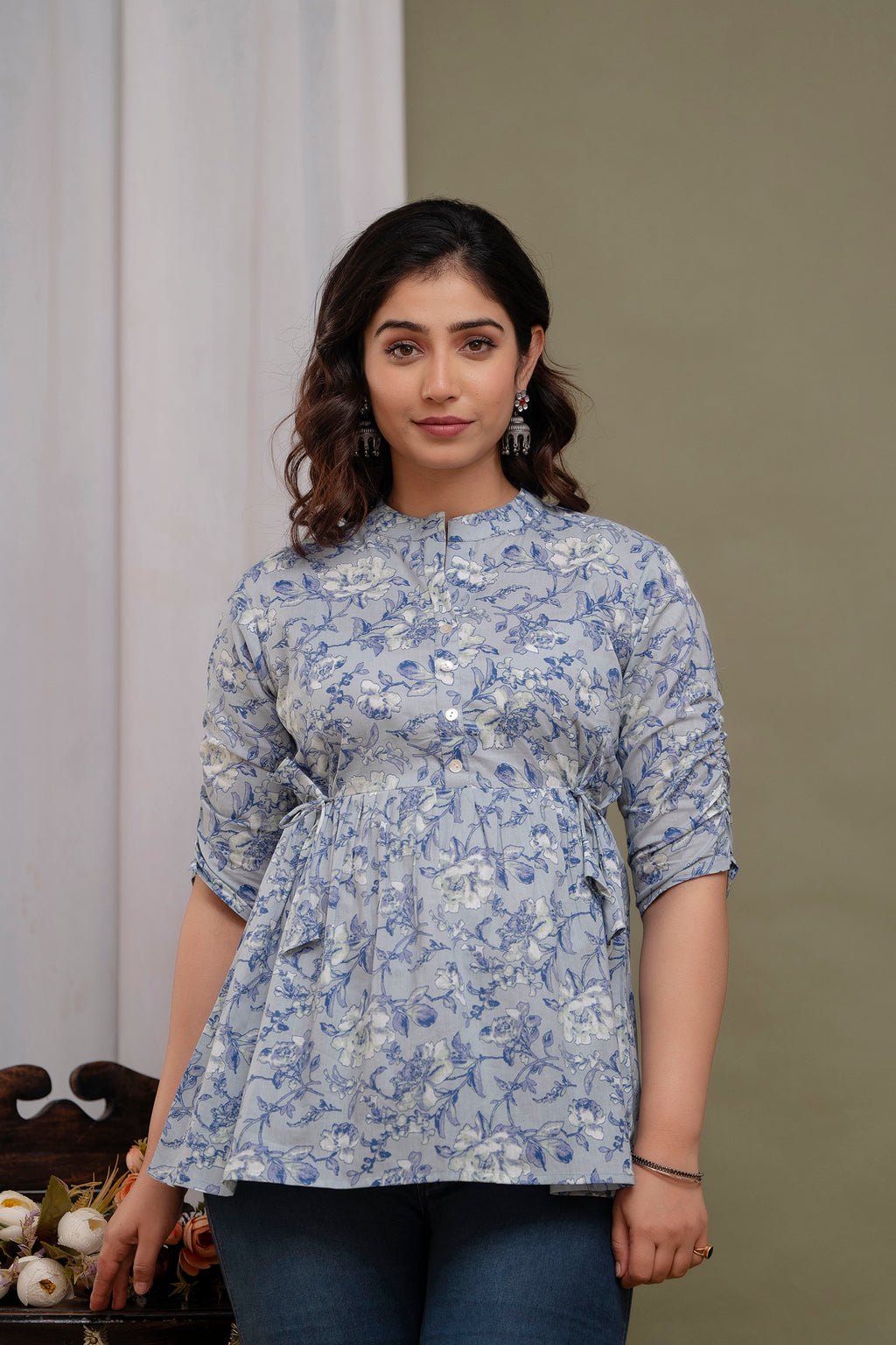 Majestic Diva Teal Blue Floral Printed Cotton Peplum Kurti Top for Women