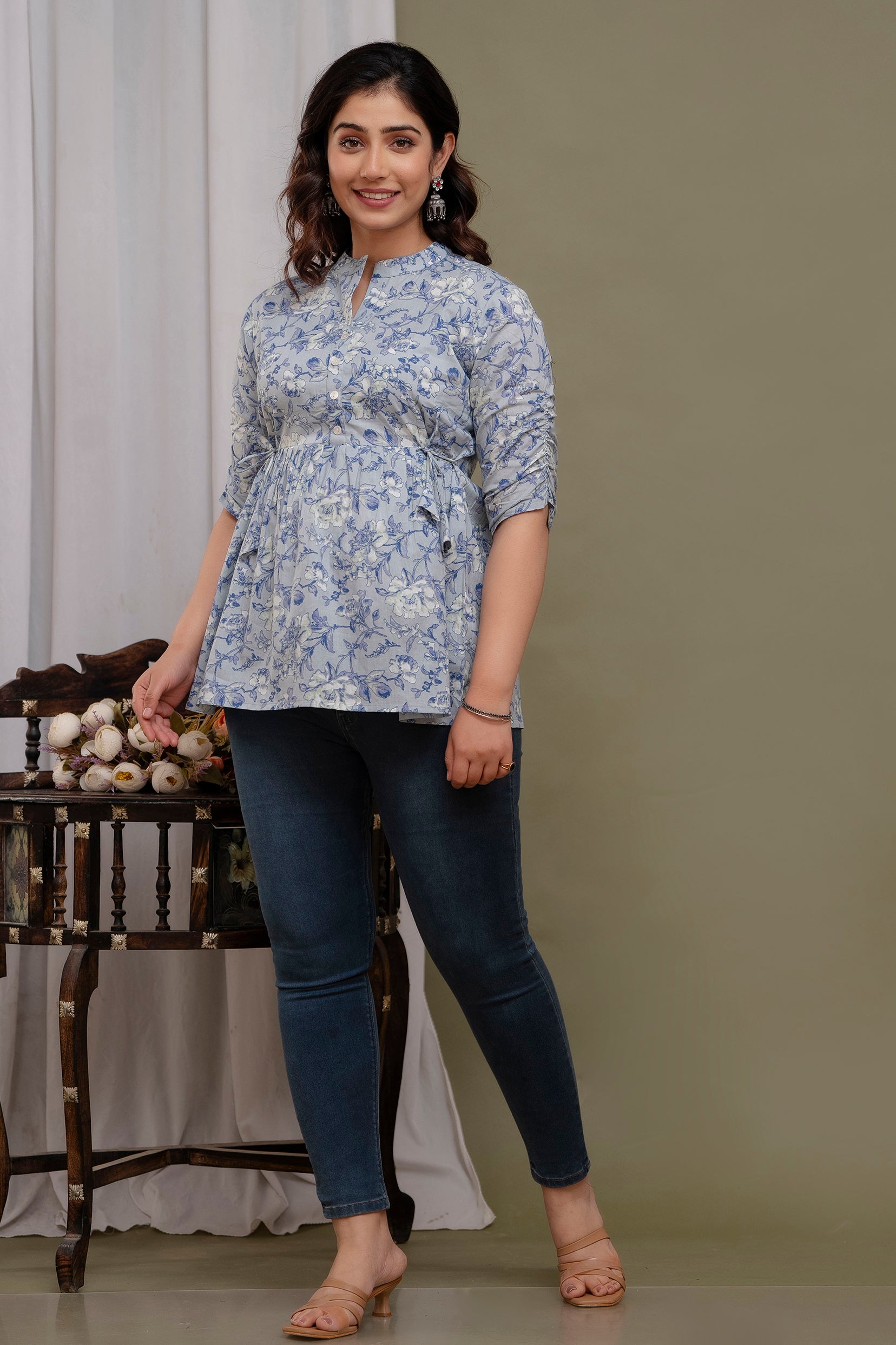 Majestic Diva Teal Blue Floral Printed Cotton Peplum Kurti Top for Women