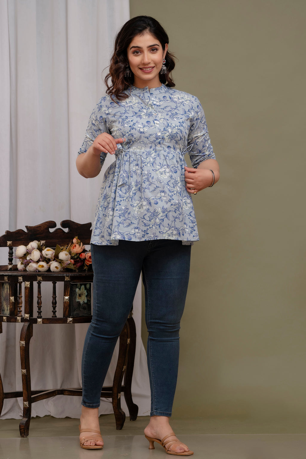 Majestic Diva Teal Blue Floral Printed Cotton Peplum Kurti Top for Women