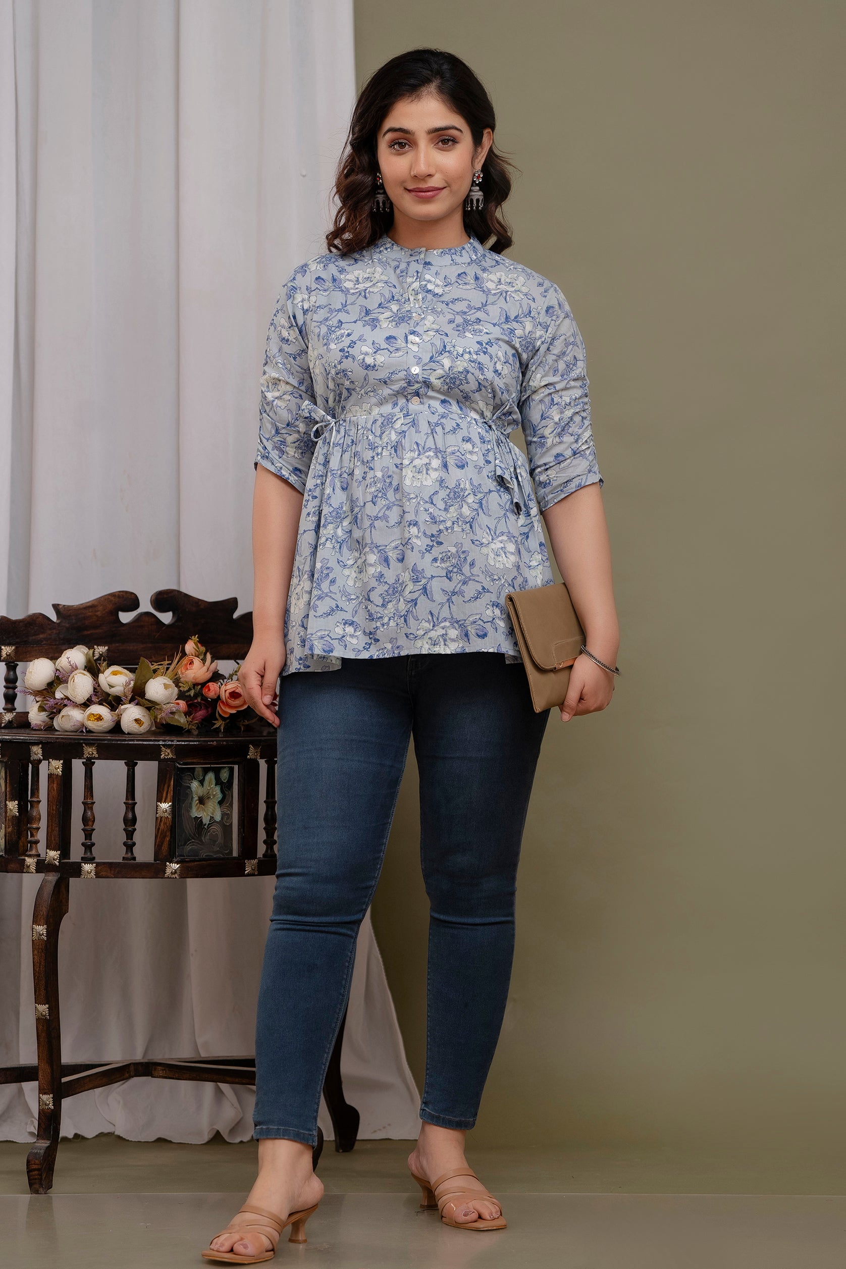 Majestic Diva Teal Blue Floral Printed Cotton Peplum Kurti Top for Women