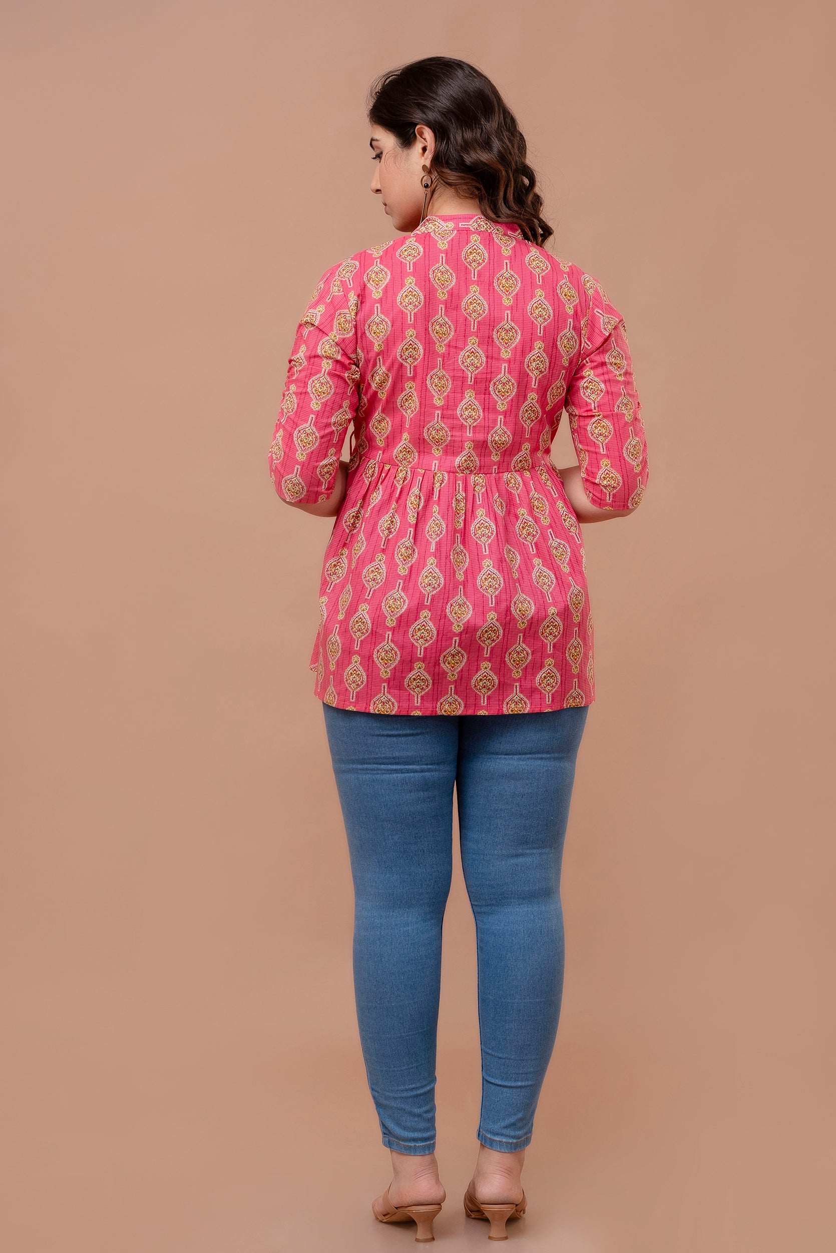 Majestic Divas Pink Ethnic Printed Cotton Peplum Kurti Top for Women