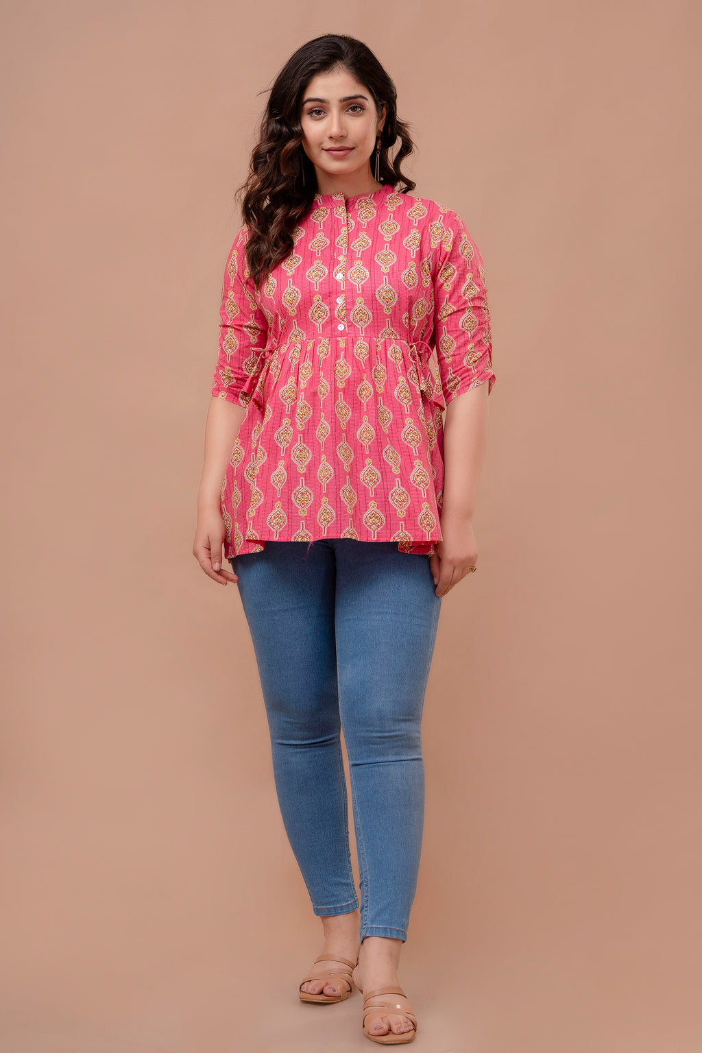 Majestic Divas Pink Ethnic Printed Cotton Peplum Kurti Top for Women