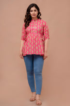 Majestic Divas Pink Ethnic Printed Cotton Peplum Kurti Top for Women