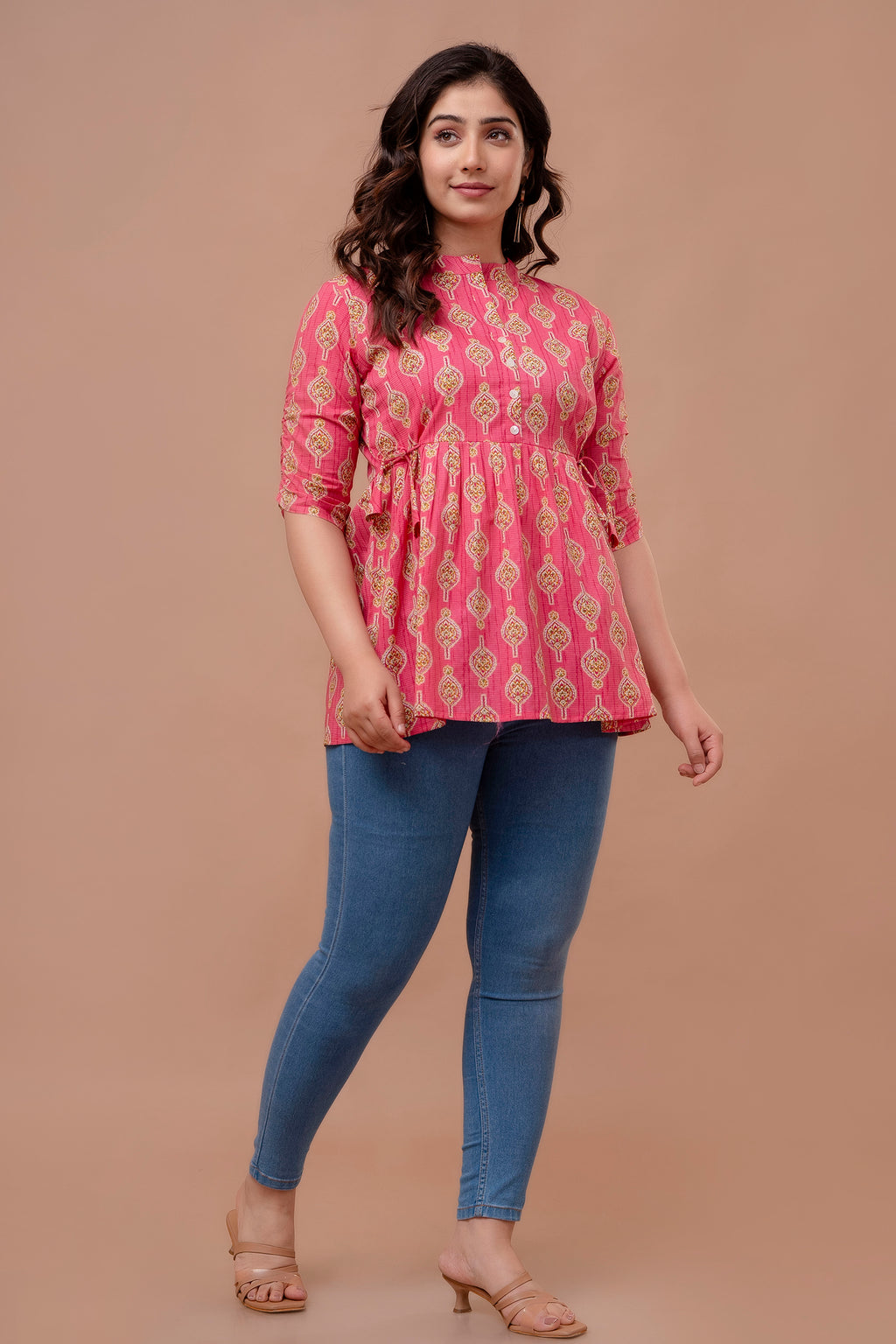 Majestic Divas Pink Ethnic Printed Cotton Peplum Kurti Top for Women