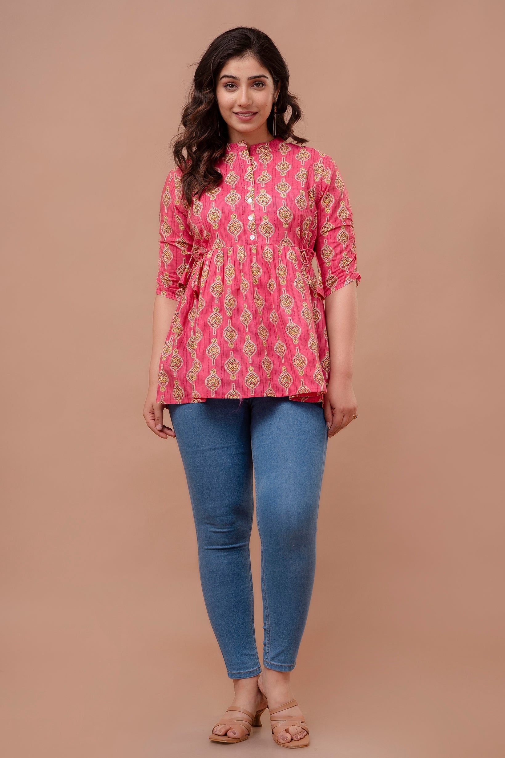 Majestic Divas Pink Ethnic Printed Cotton Peplum Kurti Top for Women