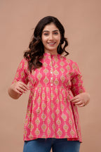 Majestic Divas Pink Ethnic Printed Cotton Peplum Kurti Top for Women