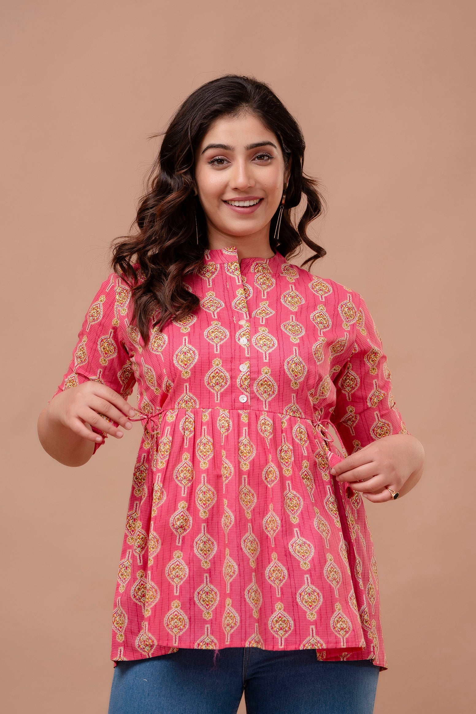Majestic Divas Pink Ethnic Printed Cotton Peplum Kurti Top for Women