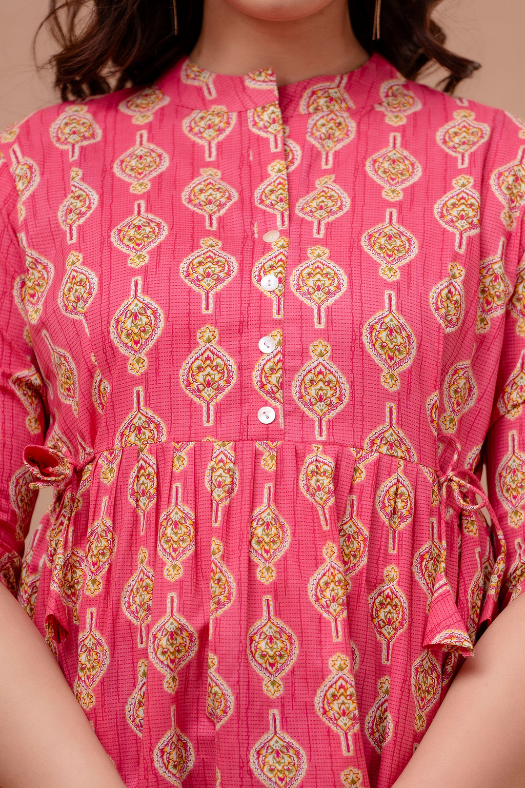 Majestic Divas Pink Ethnic Printed Cotton Peplum Kurti Top for Women