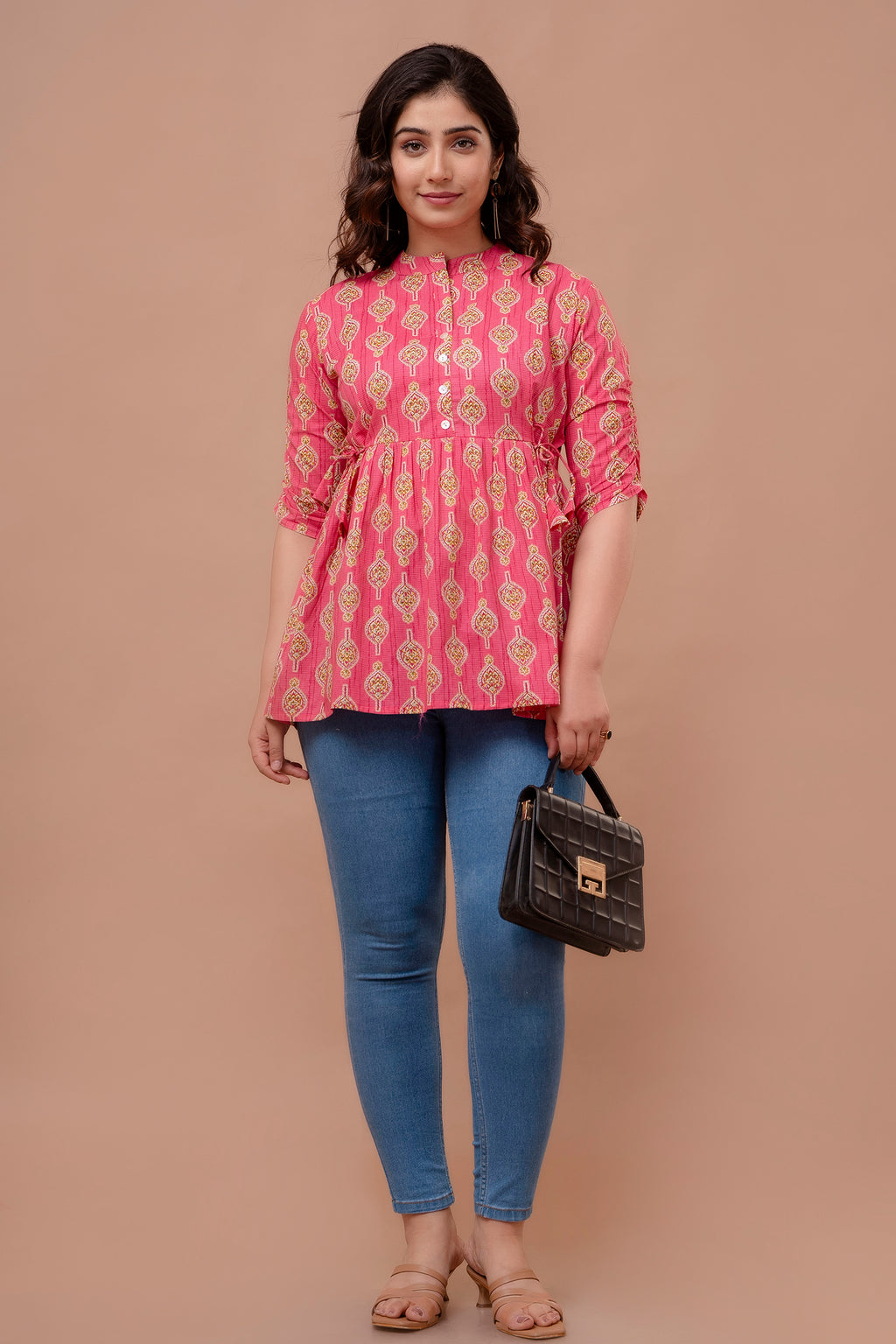 Majestic Divas Pink Ethnic Printed Cotton Peplum Kurti Top for Women