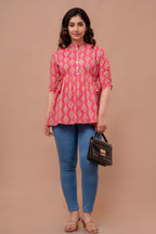 Majestic Divas Pink Ethnic Printed Cotton Peplum Kurti Top for Women