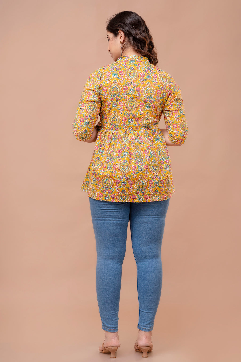 Majestic Diva mustard Floral Printed Cotton Peplum Kurti Top for Women
