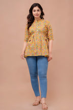 Majestic Diva mustard Floral Printed Cotton Peplum Kurti Top for Women