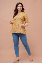 Majestic Diva mustard Floral Printed Cotton Peplum Kurti Top for Women