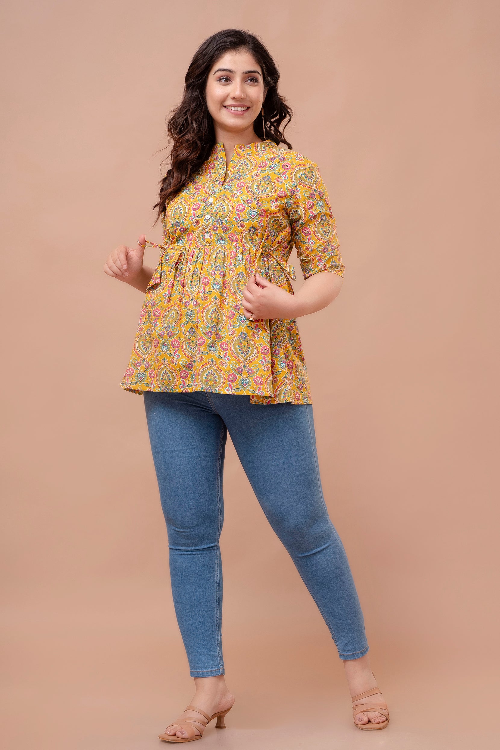 Majestic Diva mustard Floral Printed Cotton Peplum Kurti Top for Women
