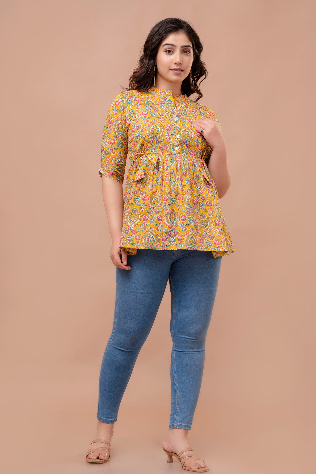Majestic Diva mustard Floral Printed Cotton Peplum Kurti Top for Women