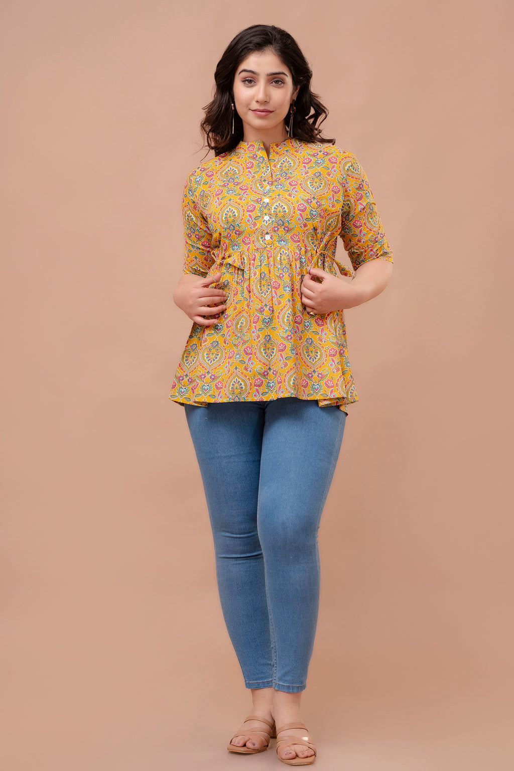 Majestic Diva mustard Floral Printed Cotton Peplum Kurti Top for Women