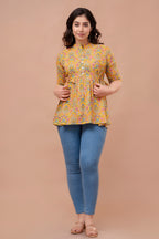Majestic Diva mustard Floral Printed Cotton Peplum Kurti Top for Women