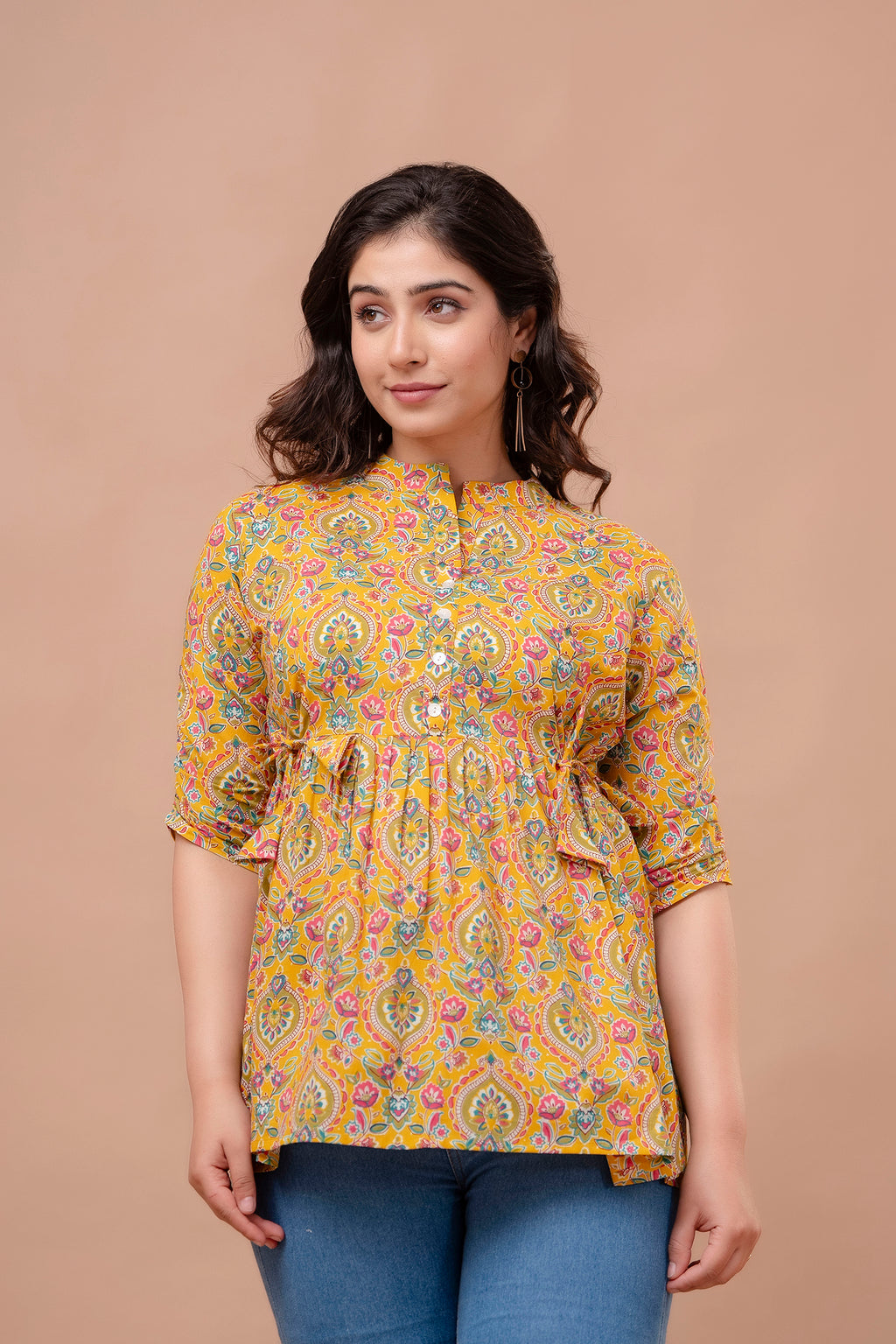 Majestic Diva mustard Floral Printed Cotton Peplum Kurti Top for Women