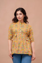 Majestic Diva mustard Floral Printed Cotton Peplum Kurti Top for Women