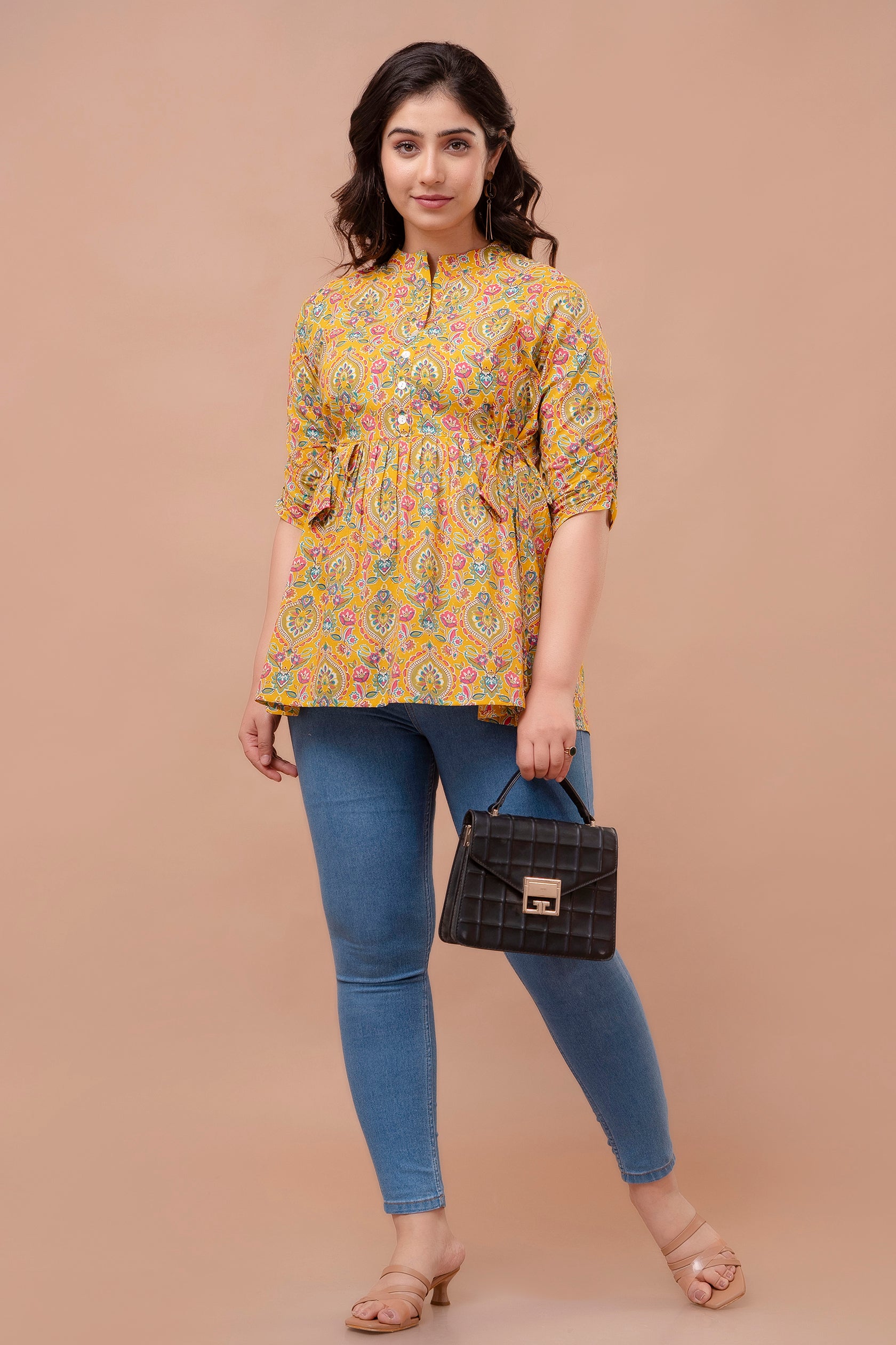 Majestic Diva mustard Floral Printed Cotton Peplum Kurti Top for Women