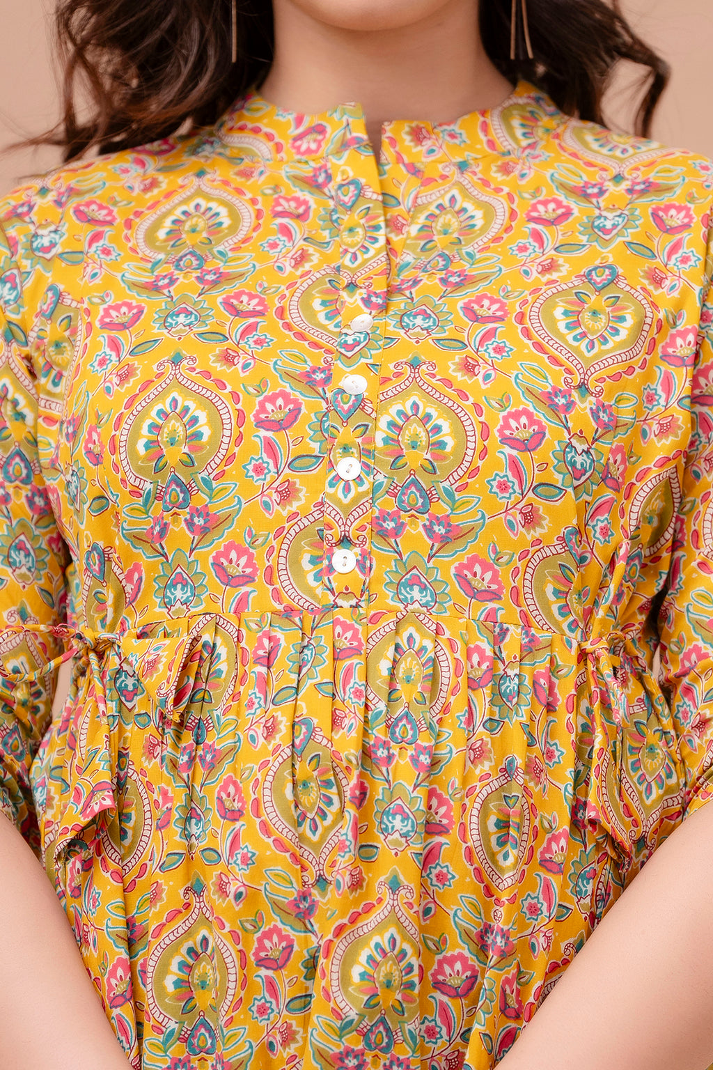 Majestic Diva mustard Floral Printed Cotton Peplum Kurti Top for Women