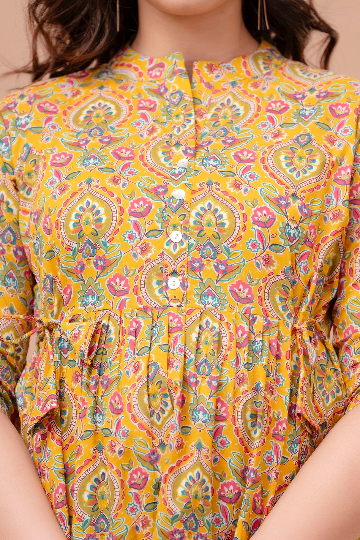 Majestic Diva mustard Floral Printed Cotton Peplum Kurti Top for Women