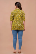 Majestic Divas Olive Green Floral Printed Peplum Top for Women