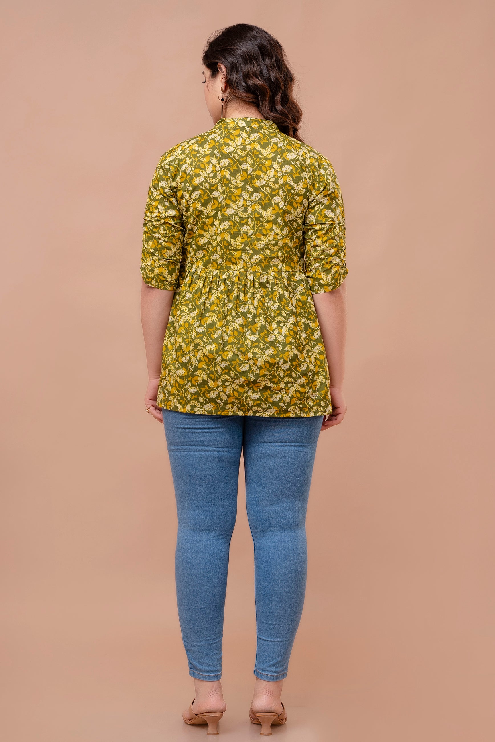 Majestic Divas Olive Green Floral Printed Peplum Top for Women