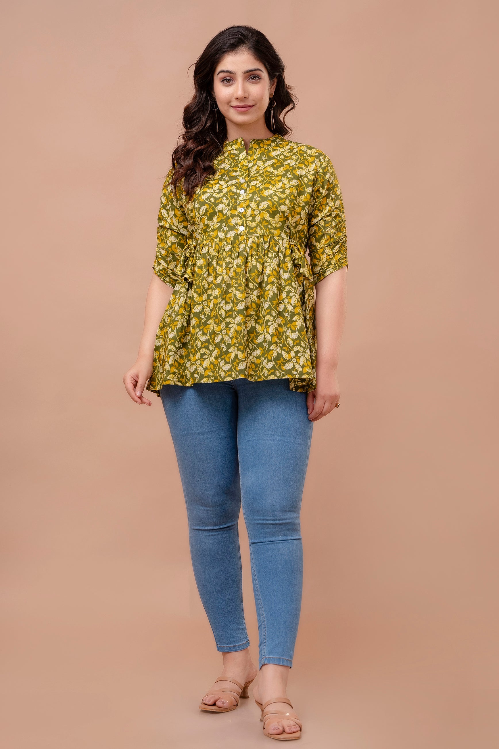 Majestic Divas Olive Green Floral Printed Peplum Top for Women Main image