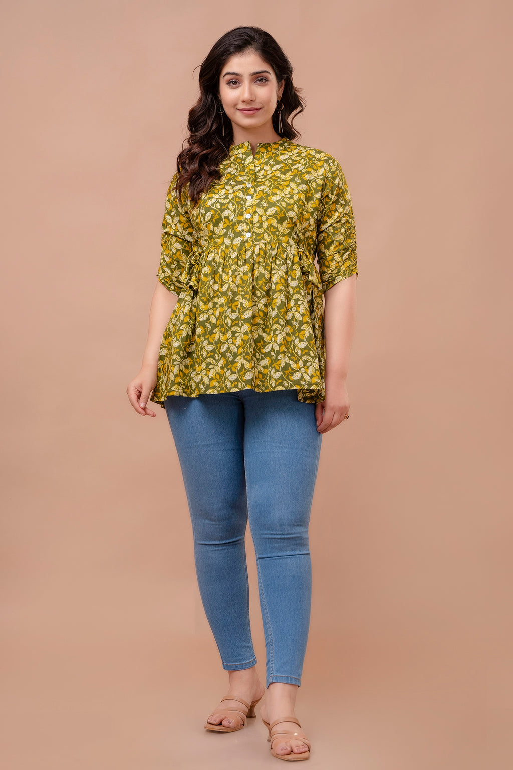 Majestic Divas Olive Green Floral Printed Peplum Top for Women
