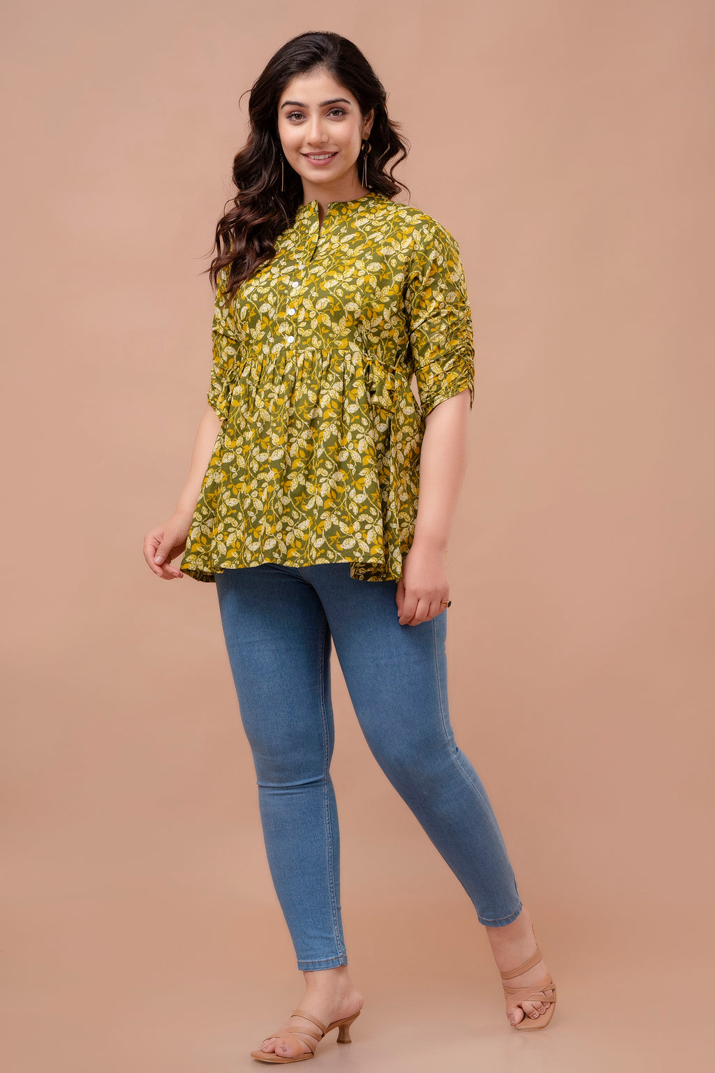 Majestic Divas Olive Green Floral Printed Peplum Top for Women
