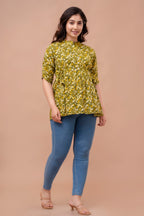 Majestic Divas Olive Green Floral Printed Peplum Top for Women
