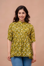 Majestic Divas Olive Green Floral Printed Peplum Top for Women