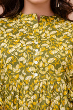 Majestic Divas Olive Green Floral Printed Peplum Top for Women