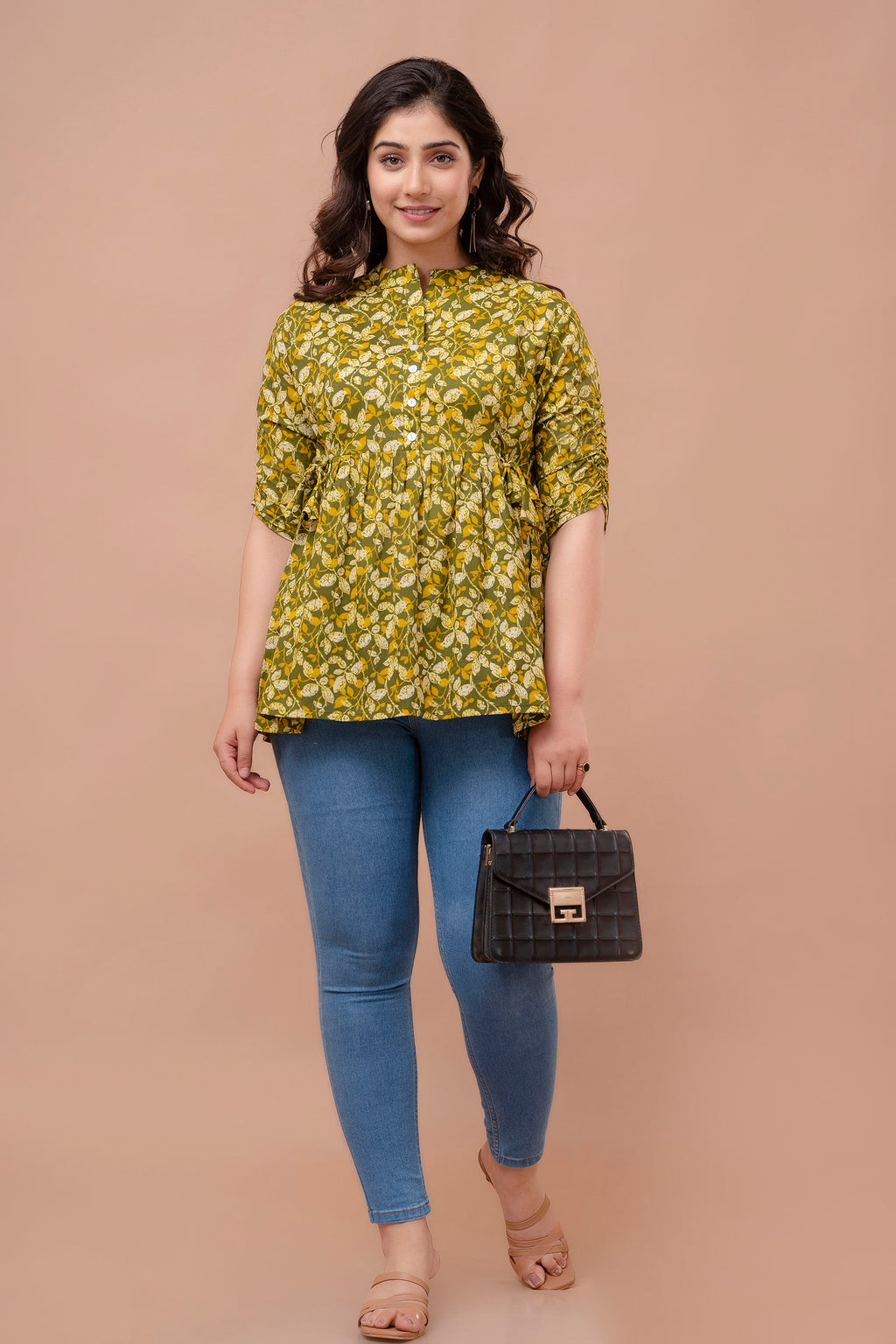 Majestic Divas Olive Green Floral Printed Peplum Top for Women