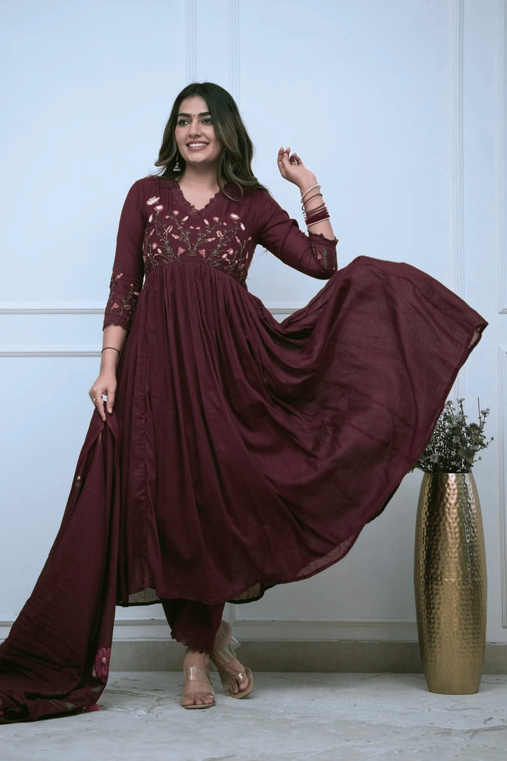 Majestic Divas Royal Wine Embroidered Anarkali Dupatta Set