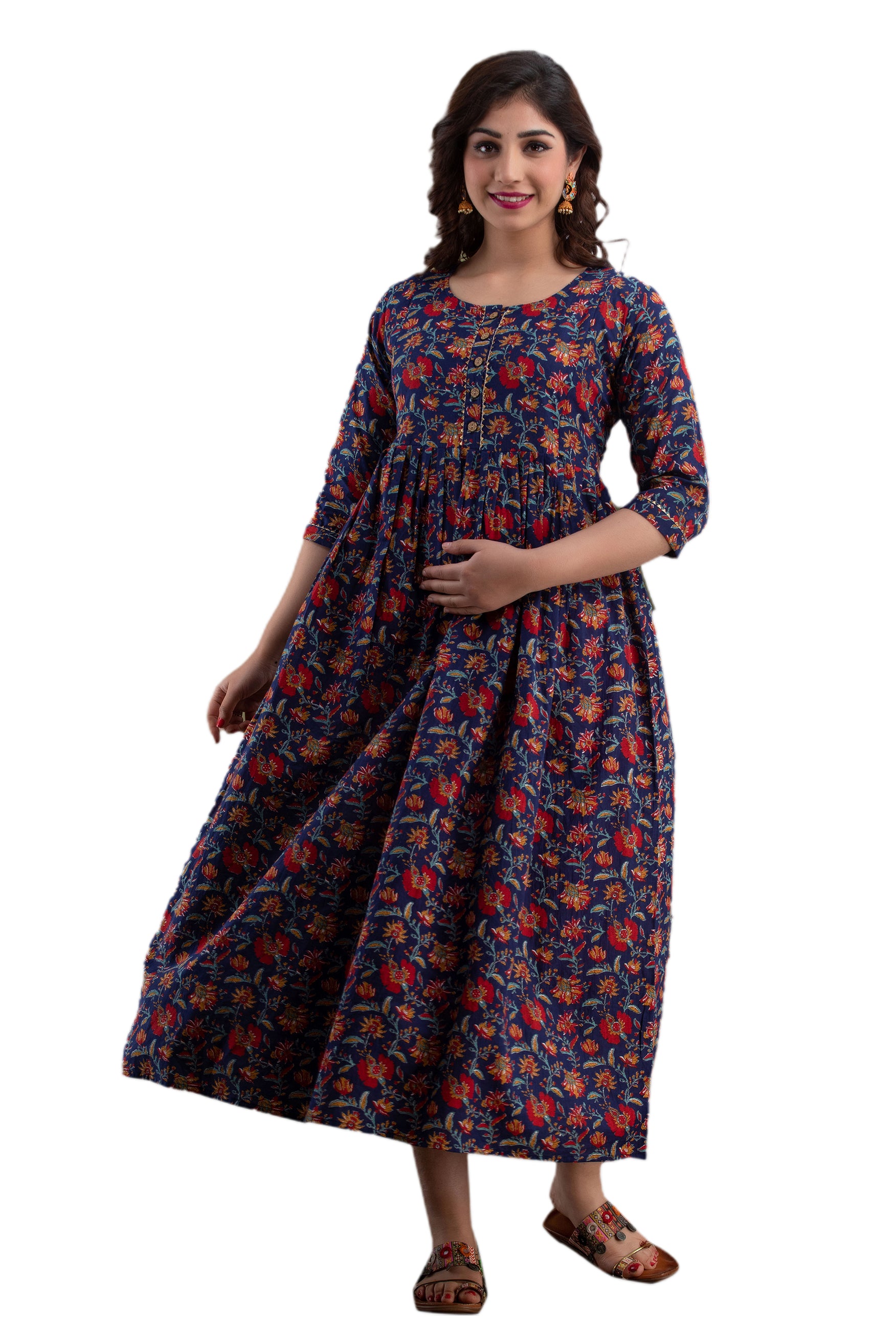 Majestic divas Cotton Navy Blue Floral Maternity Feeding Kurta Dress with Dual Zippers