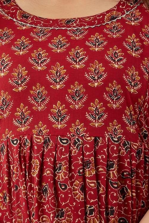 Majestic divas Cotton Brick Red Printed Floral Maternity Feeding Kurta Dress with Dual Zippers