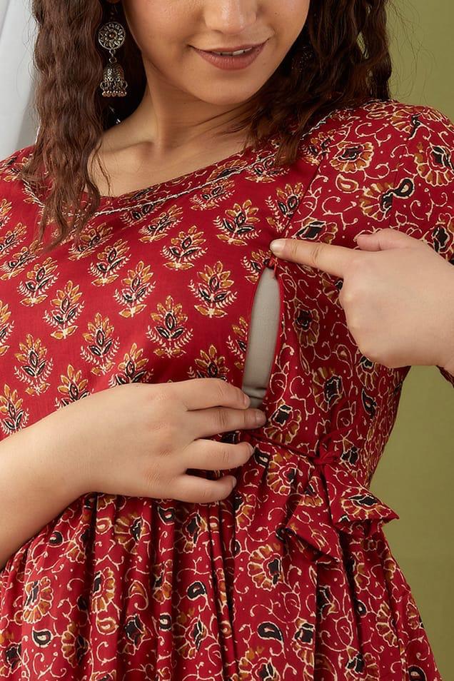 Majestic divas Cotton Brick Red Printed Floral Maternity Feeding Kurta Dress with Dual Zippers