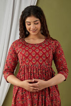 Majestic divas Cotton Brick Red Printed Floral Maternity Feeding Kurta Dress with Dual Zippers