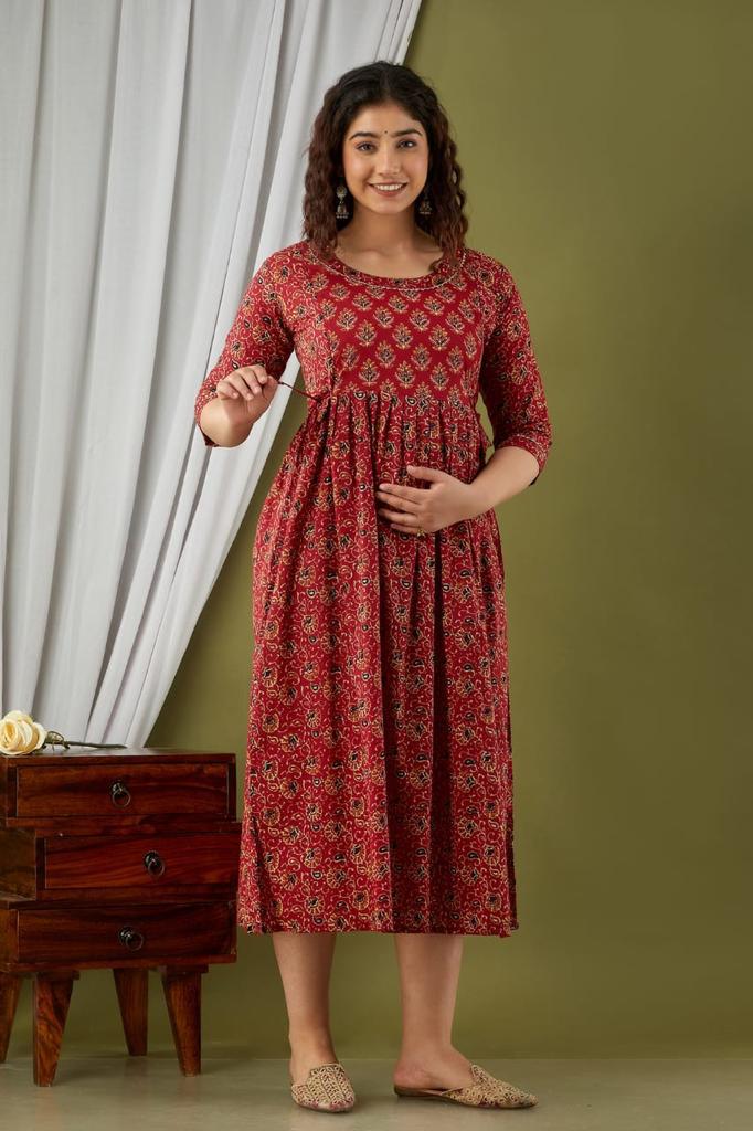 Majestic divas Cotton Brick Red Printed Floral Maternity Feeding Kurta Dress with Dual Zippers Secondary image